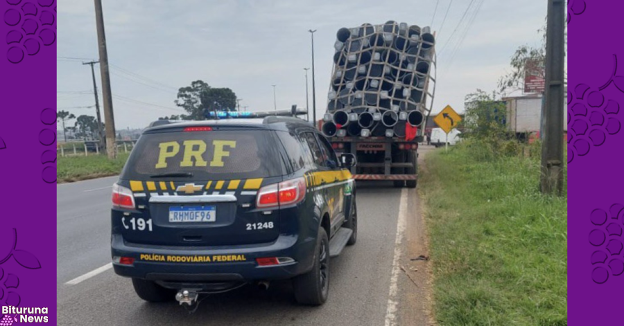 PRF flagra caminhões com carga de postes prestes a cair em rodovia de Ponta Grossa