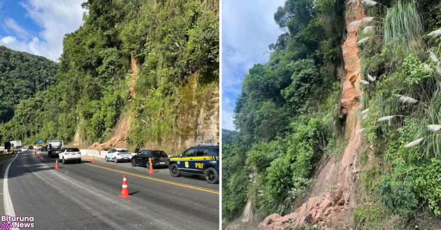 Desmoronamento de pedras bloqueia parcialmente a BR-277 na Serra da Esperança, em Guarapuava