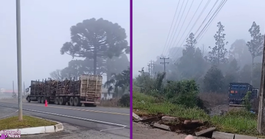 Caminhão carregado de gás evita carreta de toras, sai da pista e para em banhado na BR-280 em Porto União