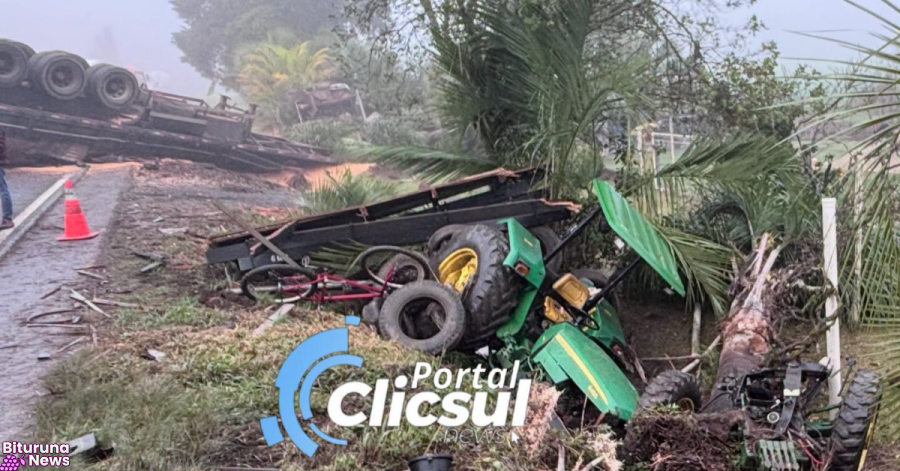 Trabalhadora fica gravemente ferida após colisão entre carreta e trator na PR-151, entre São Mateus do Sul e São João do Triunfo