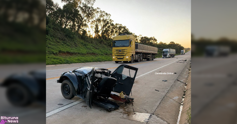 Fusca se parte ao meio após colisão com Sandero na PRC-280, em Clevelândia