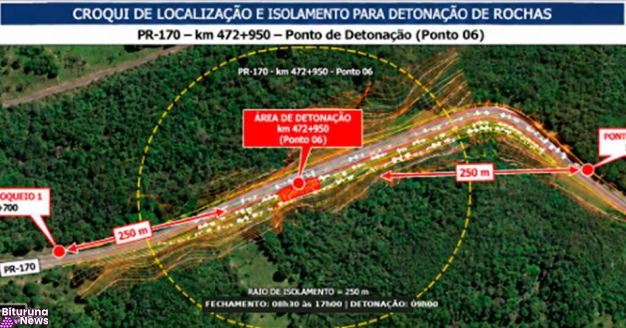 PR-170 terá interdição total em Bituruna na quinta-feira para detonação de rochas