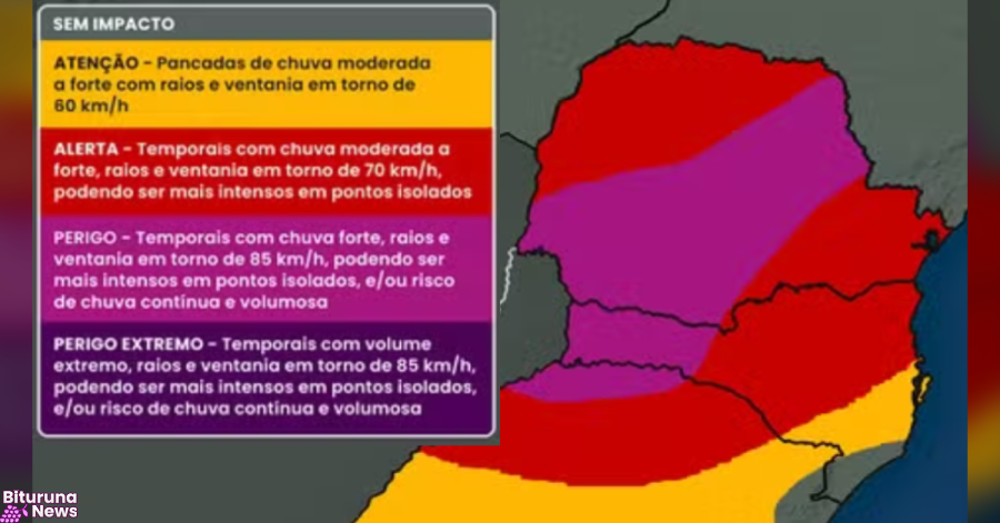 Bituruna e cidades da região estão em alerta laranja para temporais nesta sexta-feira